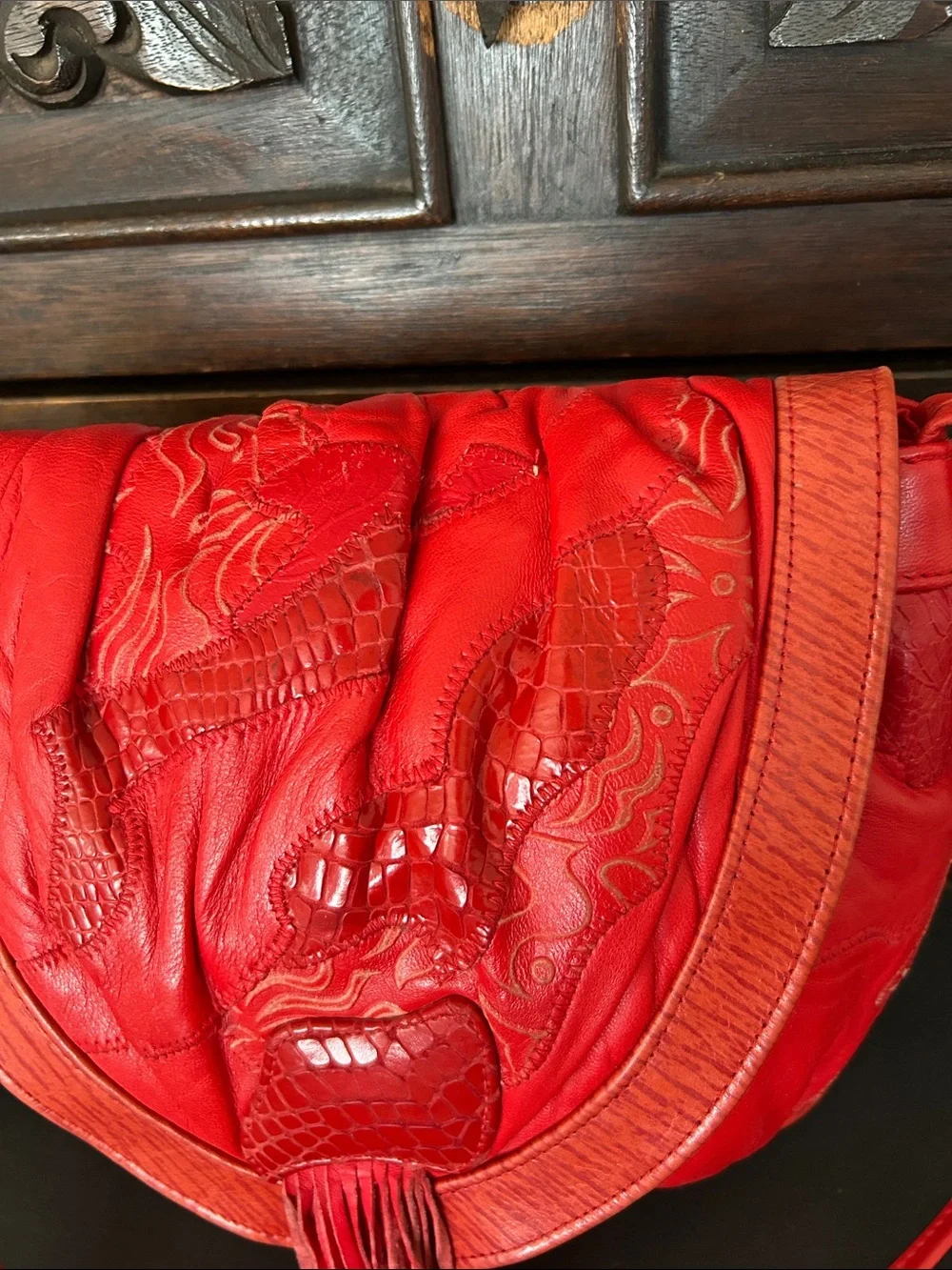 Viva of California Vintage Red Leather Fringe Shoulder Bag with Embossed Detail